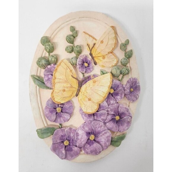 Vintage Butterfly Flower Wall Plaque 3D Oval Chalkware Home Decor Purple Yellow - Picture 1 of 8